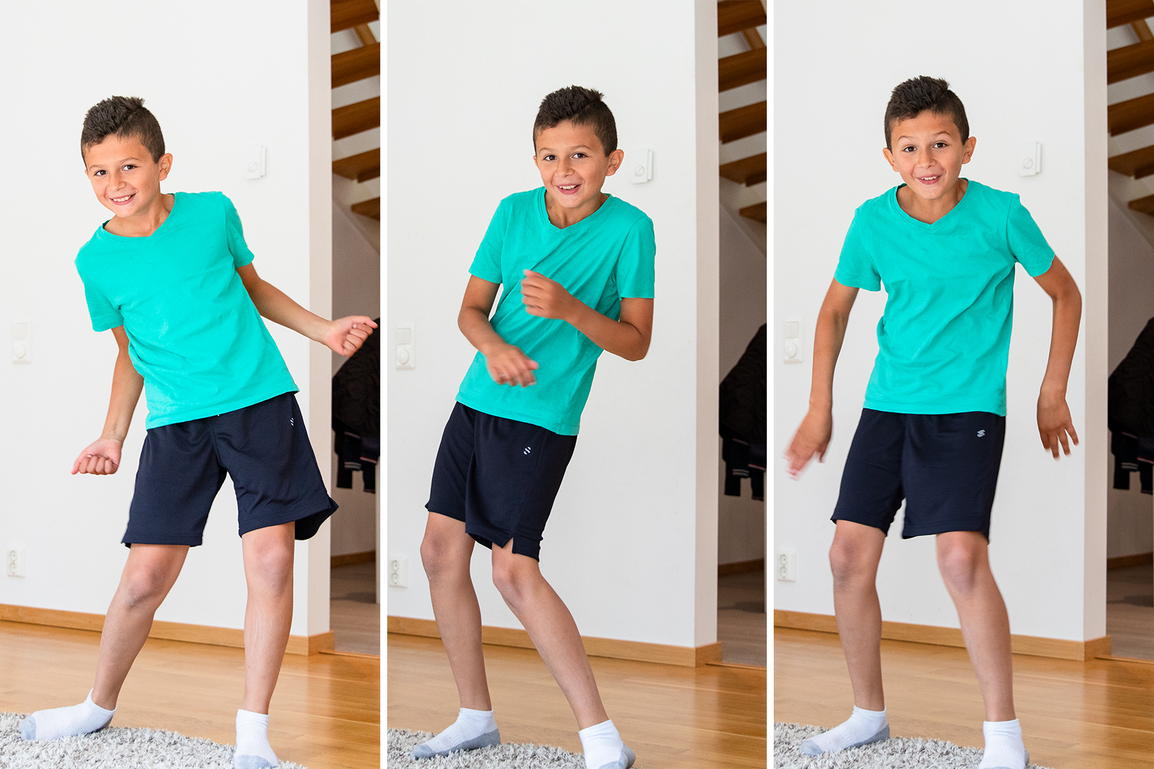 En bildserie med tre bilder på ett barn som dansar. Fotografi. 