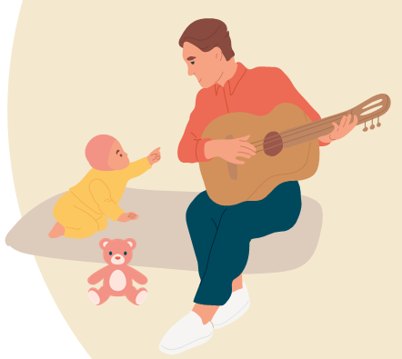 Ilustration med barnet och en vuxen som spelar gitarr. 