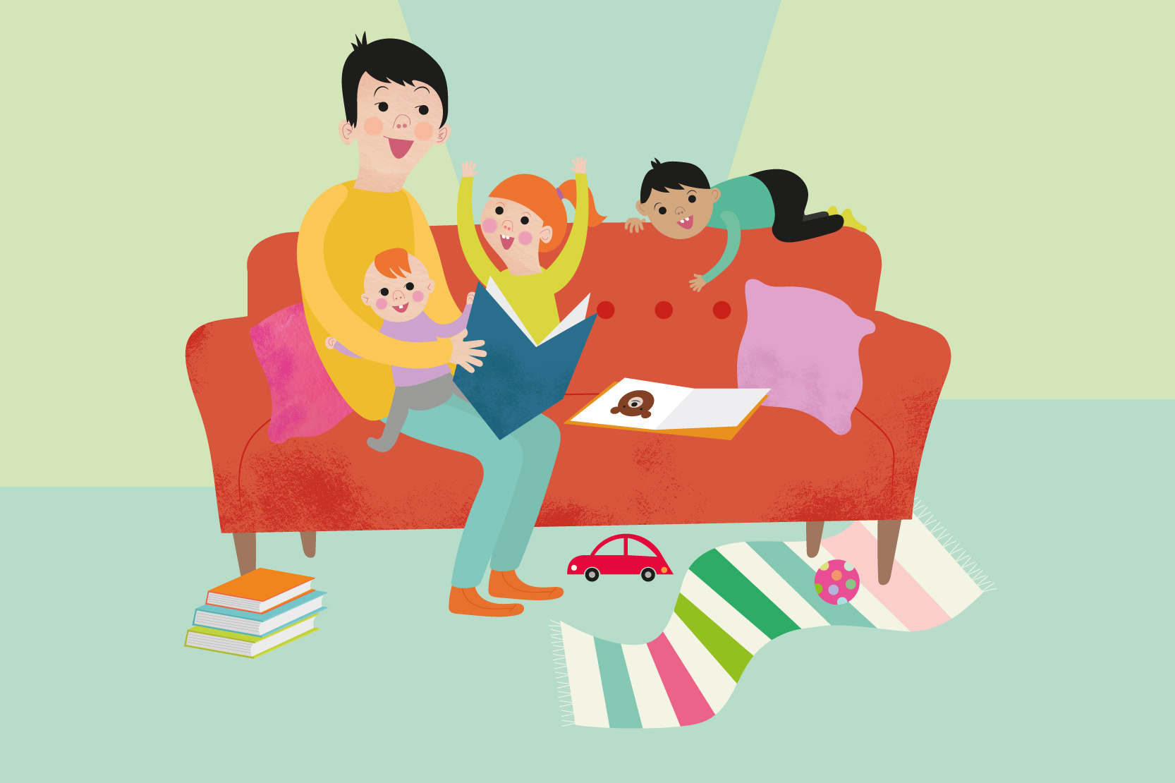 En familj sitter i soffan och läser tillsammans. Illustration.