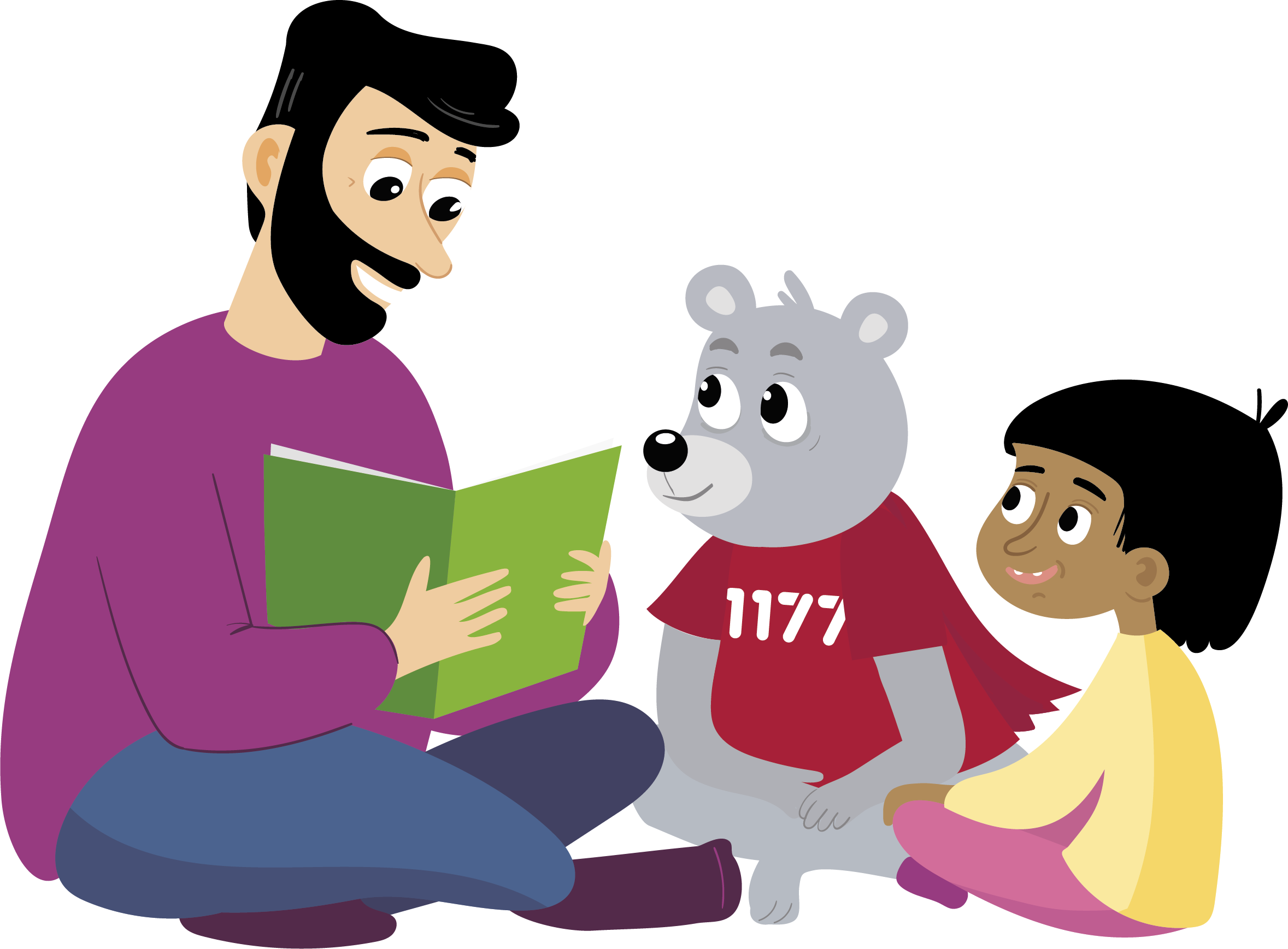 Maskoten Tryggve läser för barn i en soffa. Illustration.