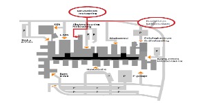 Karta över sjukhusområdet i Sundsvall. Mottagningen finns på baksidan, vid akutmottagningen.