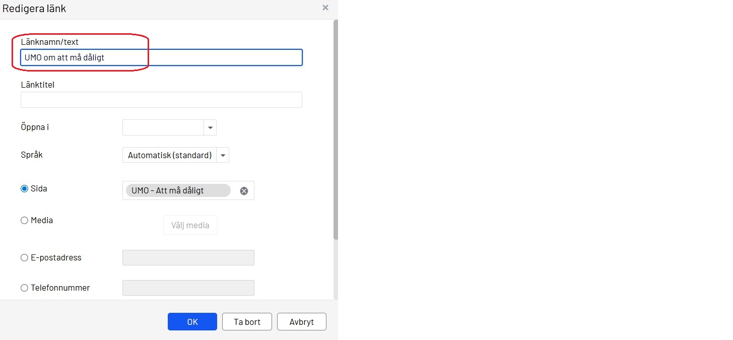 Fältet för att välja länktext