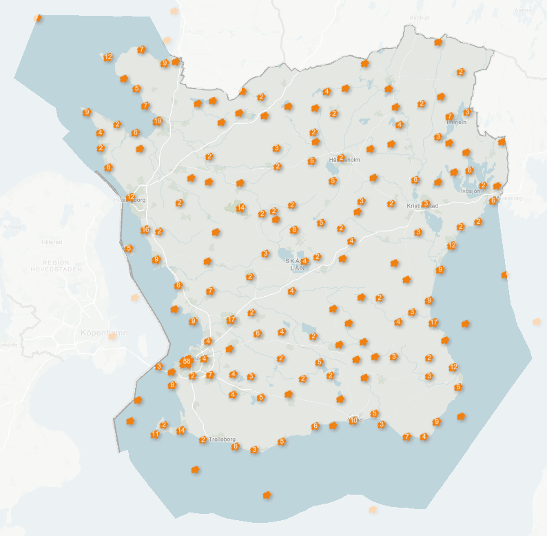 Karta överskåne med platser för återhämtning utmärkta.