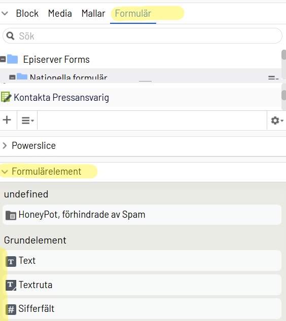Bild på de olika formulärelementen i Opti.