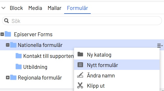 Bilden visar Opti-trädet och var man skapar formulär.