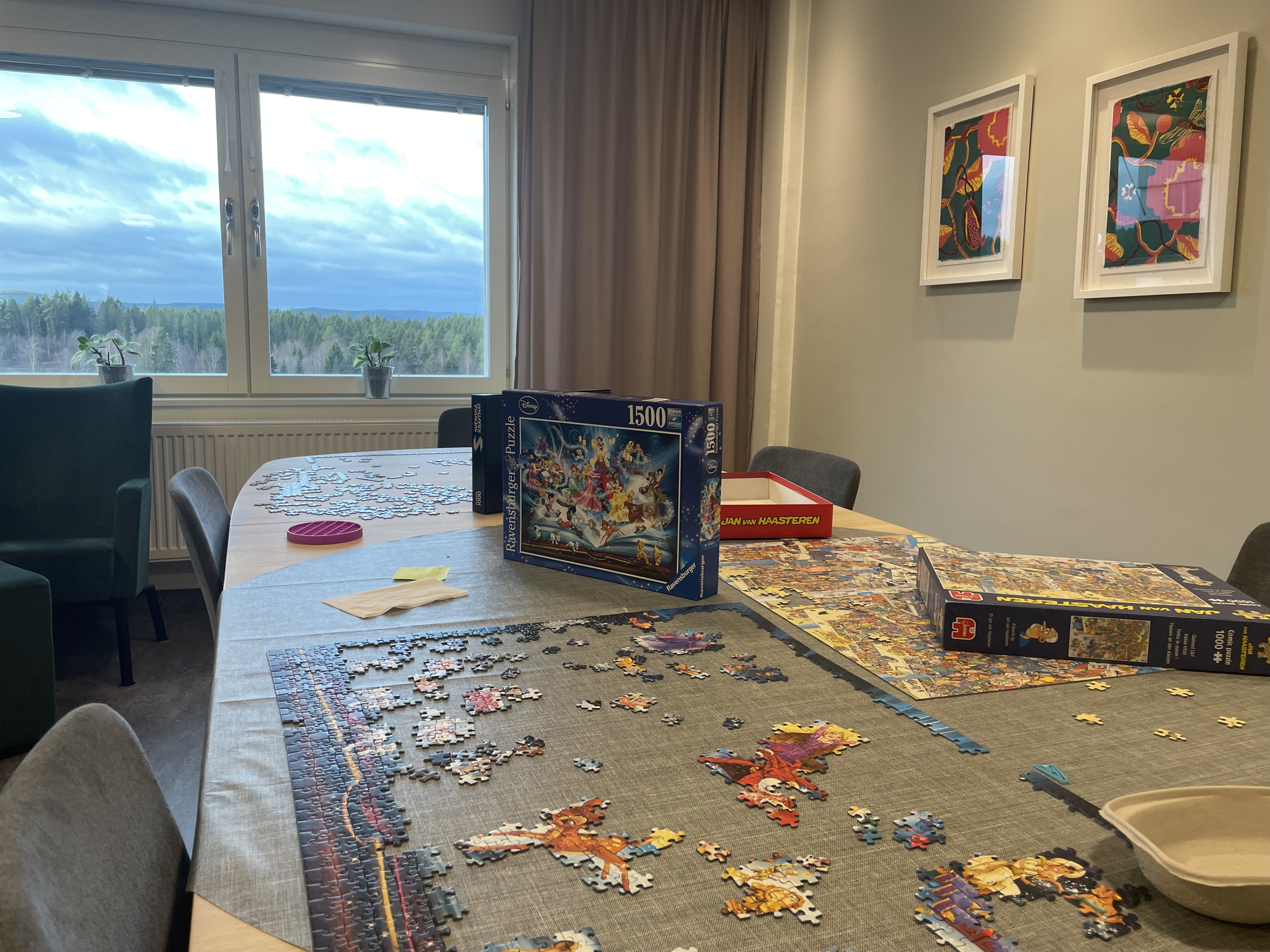 Ett pussel som håller på att byggas på ett bord. Utsikt över framsidan på sjukhuset.