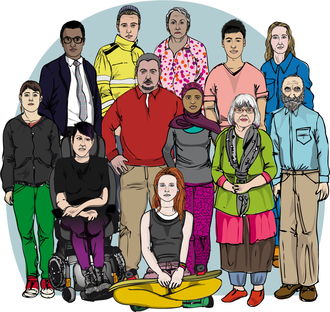 Gruppbild på 12 olika personer i olika åldrar. Illustration. 