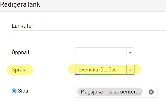 Bild på länkverktyget och språk