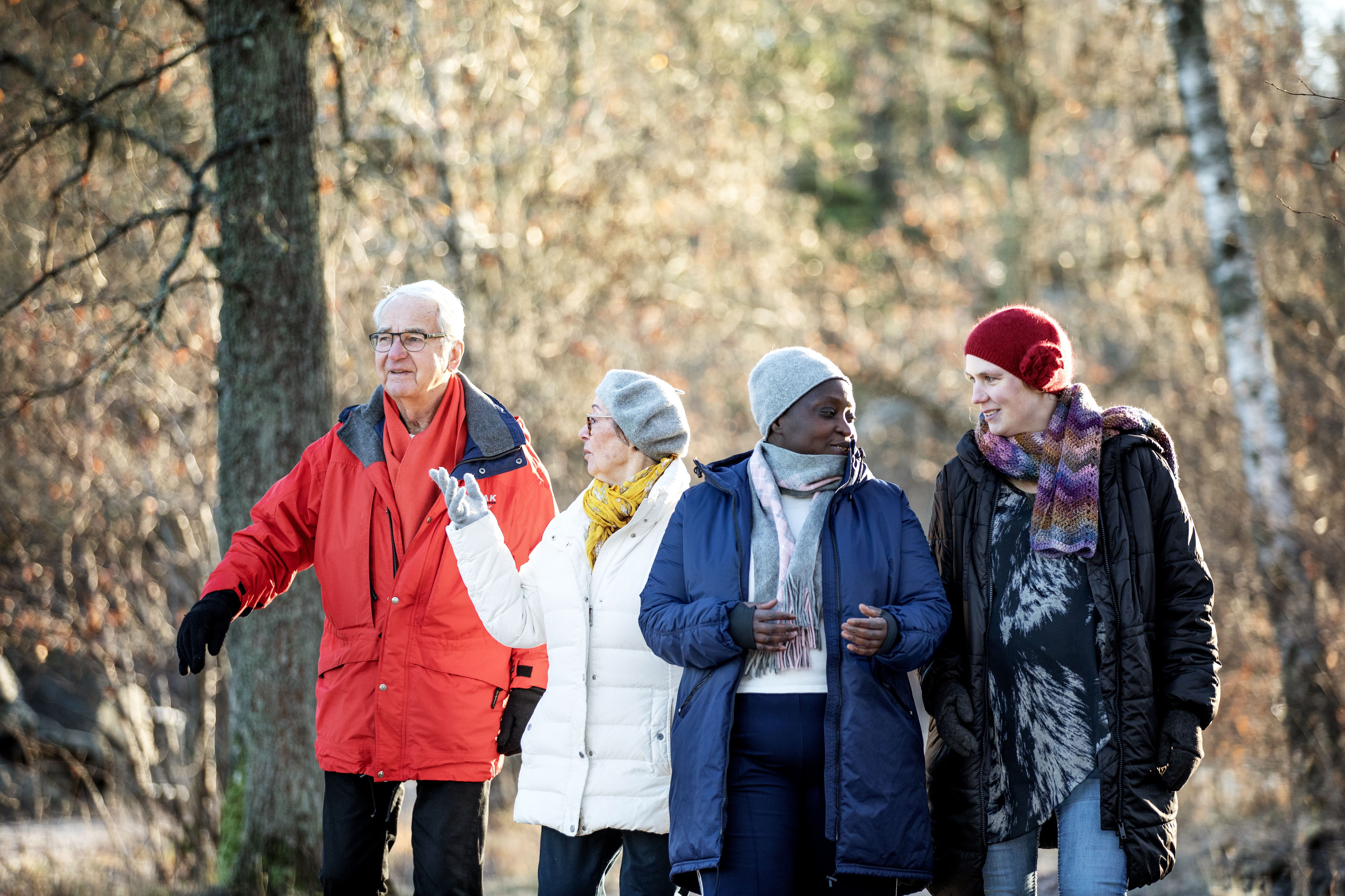 Fyra äldre personer går tillsammans utomhus