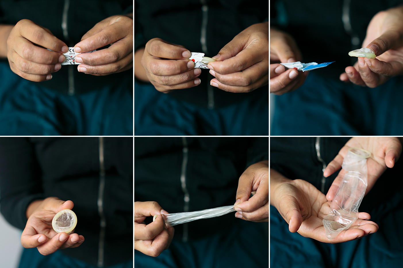 Bildserie som visar hur man öppnar en kondomförpackning och hur kondomen ser ut. 