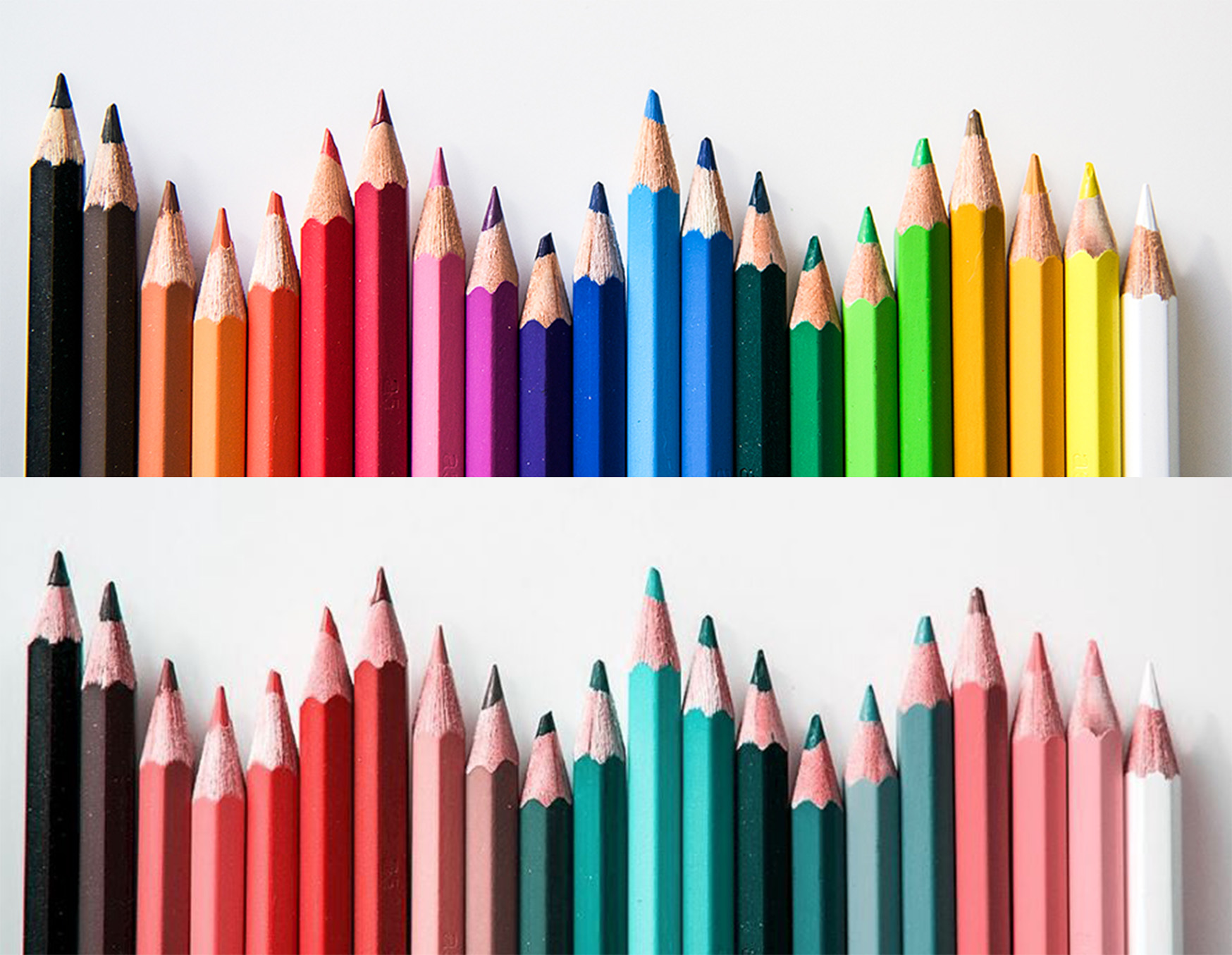 Pennor i två rader som visar färger i olika nyanser.