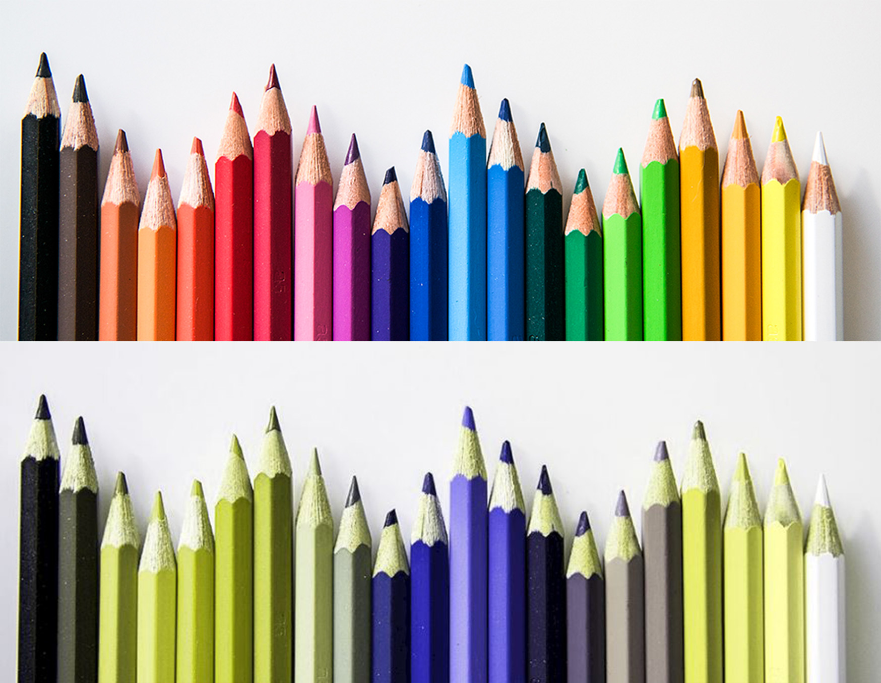 Pennor i olika färger i två rader.