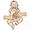 Bebis med en vuxens händer som stryker neråt på magen. Illustration.