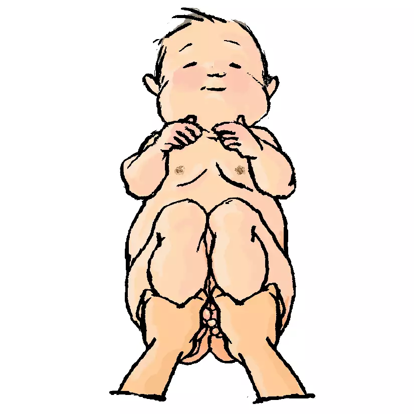 Bebis med en vuxens händer som trycker de böjda benen lätt mot magen. Illustration.
