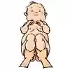 Bebis med en vuxens händer som trycker de böjda benen lätt mot magen. Illustration.