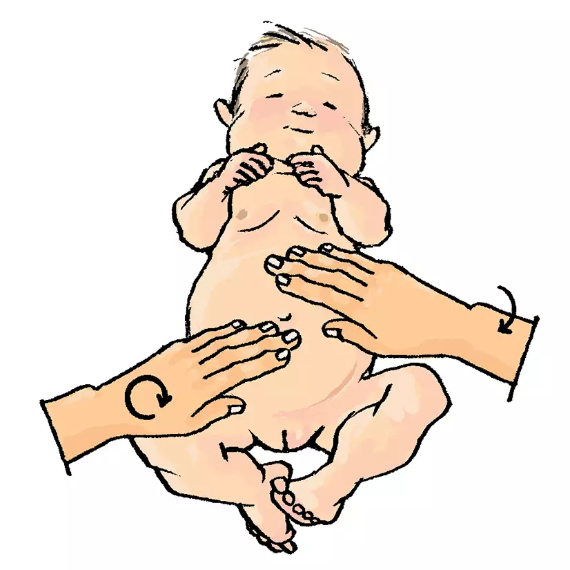 Bebis med en vuxens händer som stryker i cirklar på magen. Illustration.