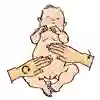 Bebis med en vuxens händer som stryker i cirklar på magen. Illustration.