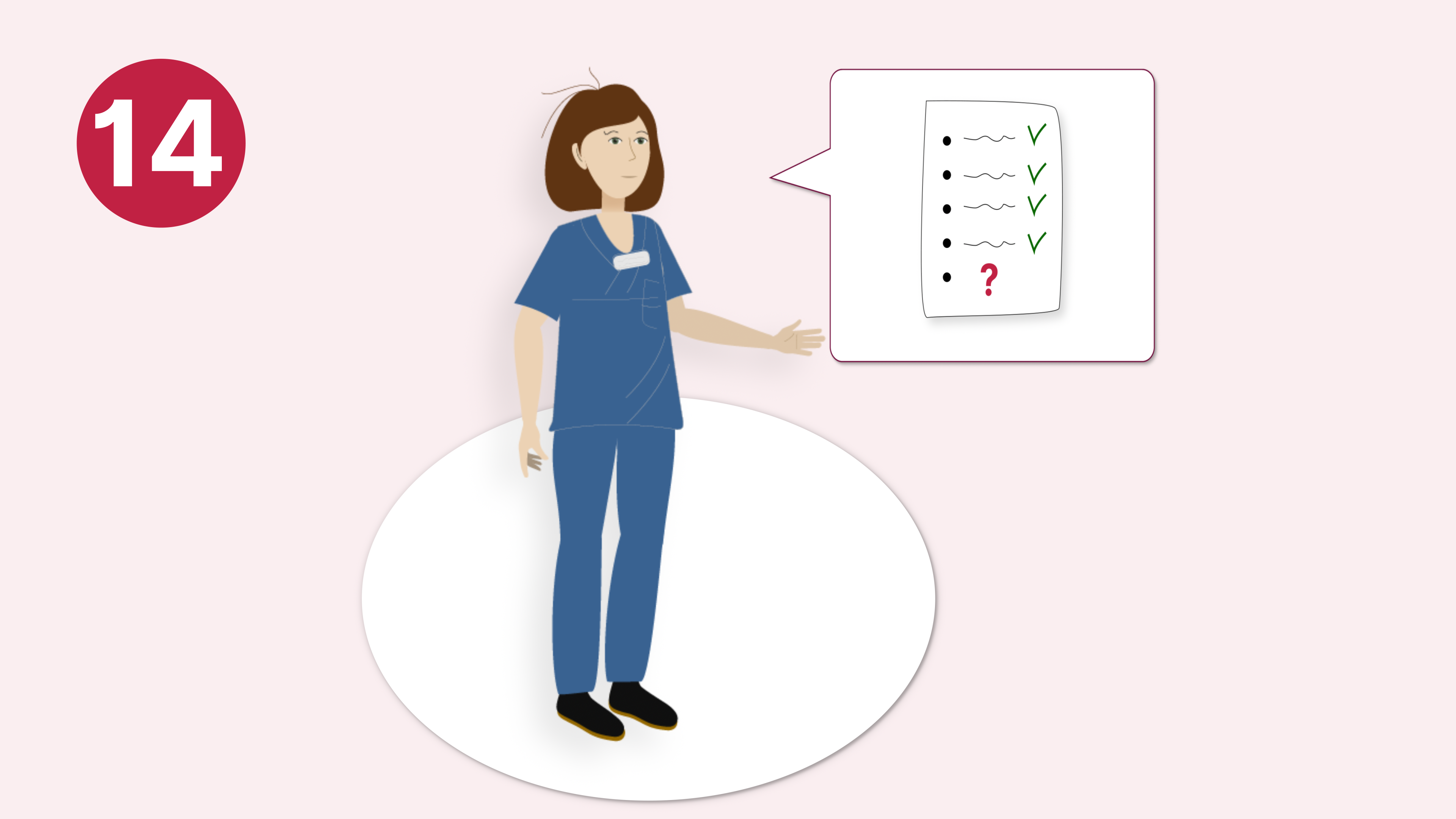 Vårdpersonal visar ett dokument med frågor och svar.