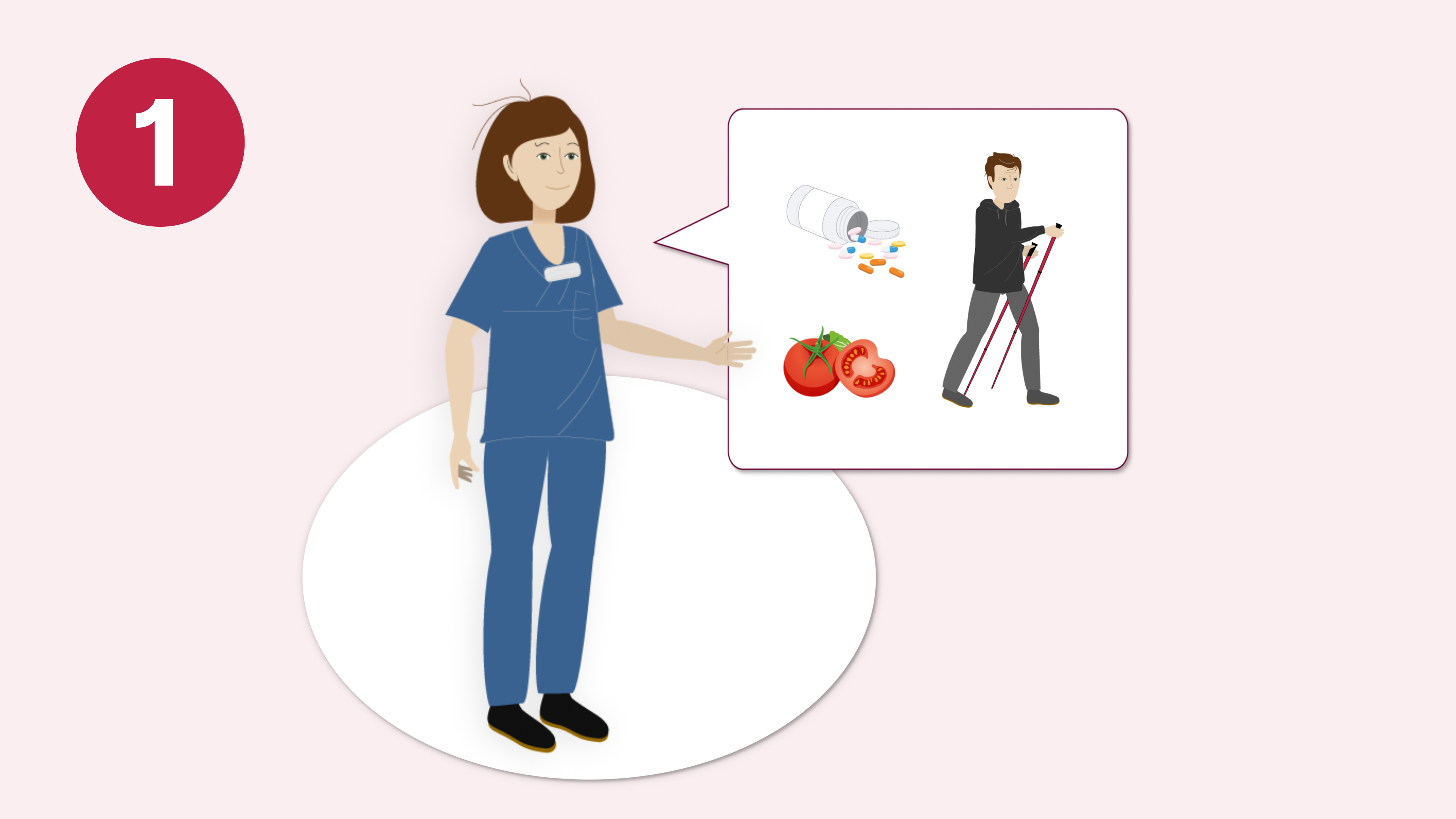Vårdpersonal som visar medicin, en person som motionerar och grönsaker