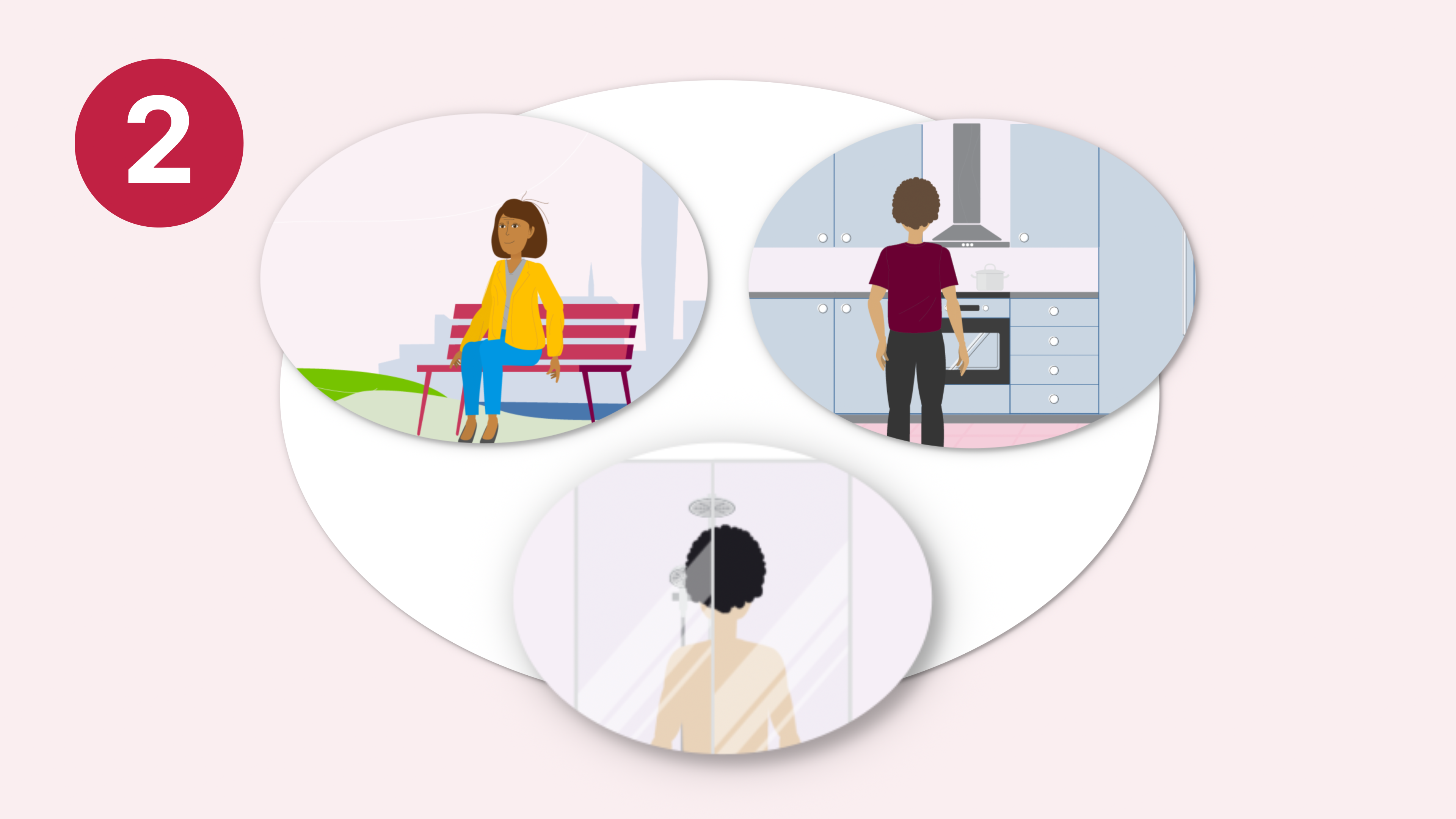 En person som sitter på en parkbänk, en person som lagar mat och en person som duschar.