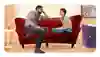 Ett barn och en vuxen sitter i en soffa och pratar. 