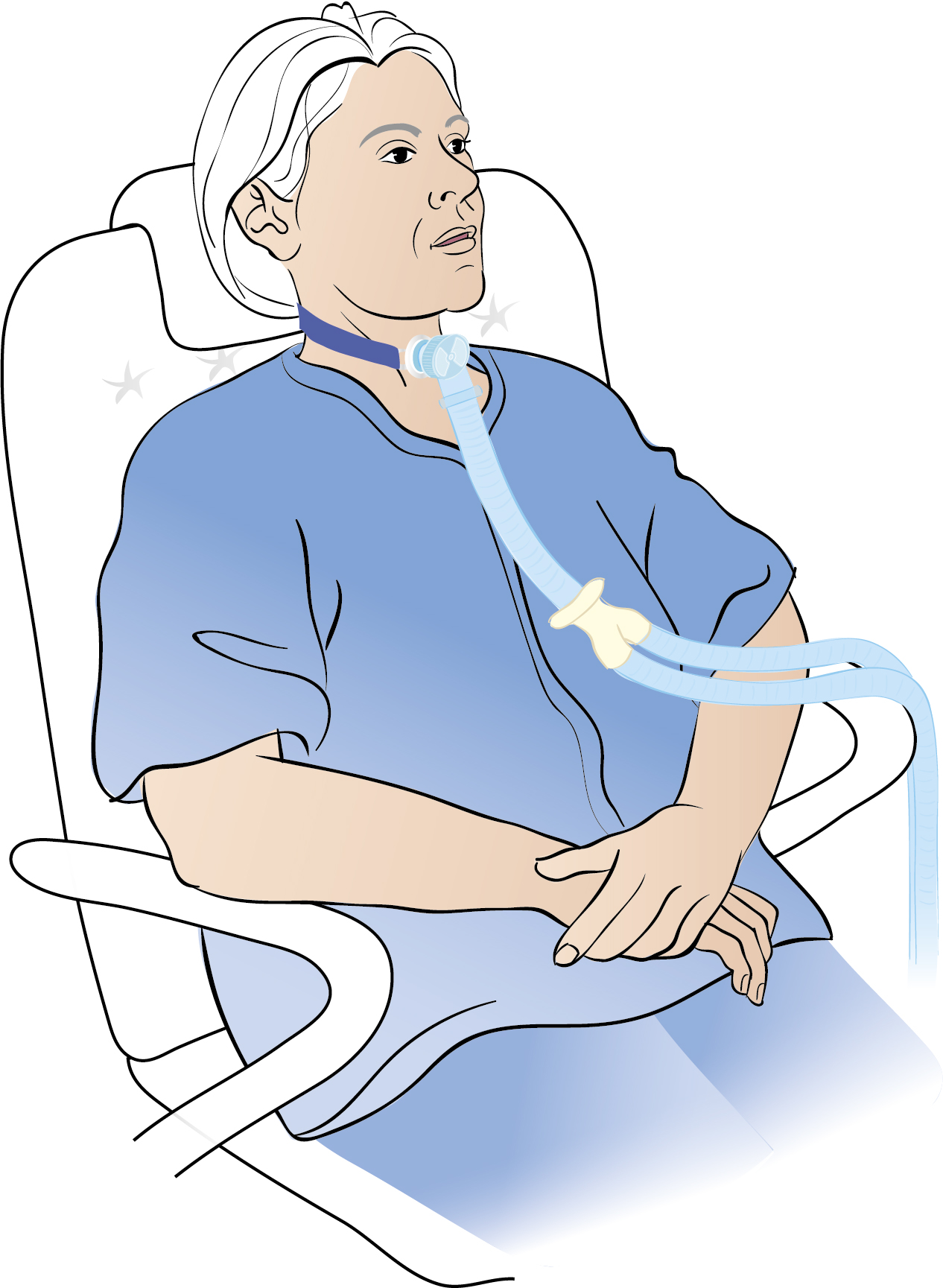 Person som sitter ner och har en respirator kopplad på halsen. 