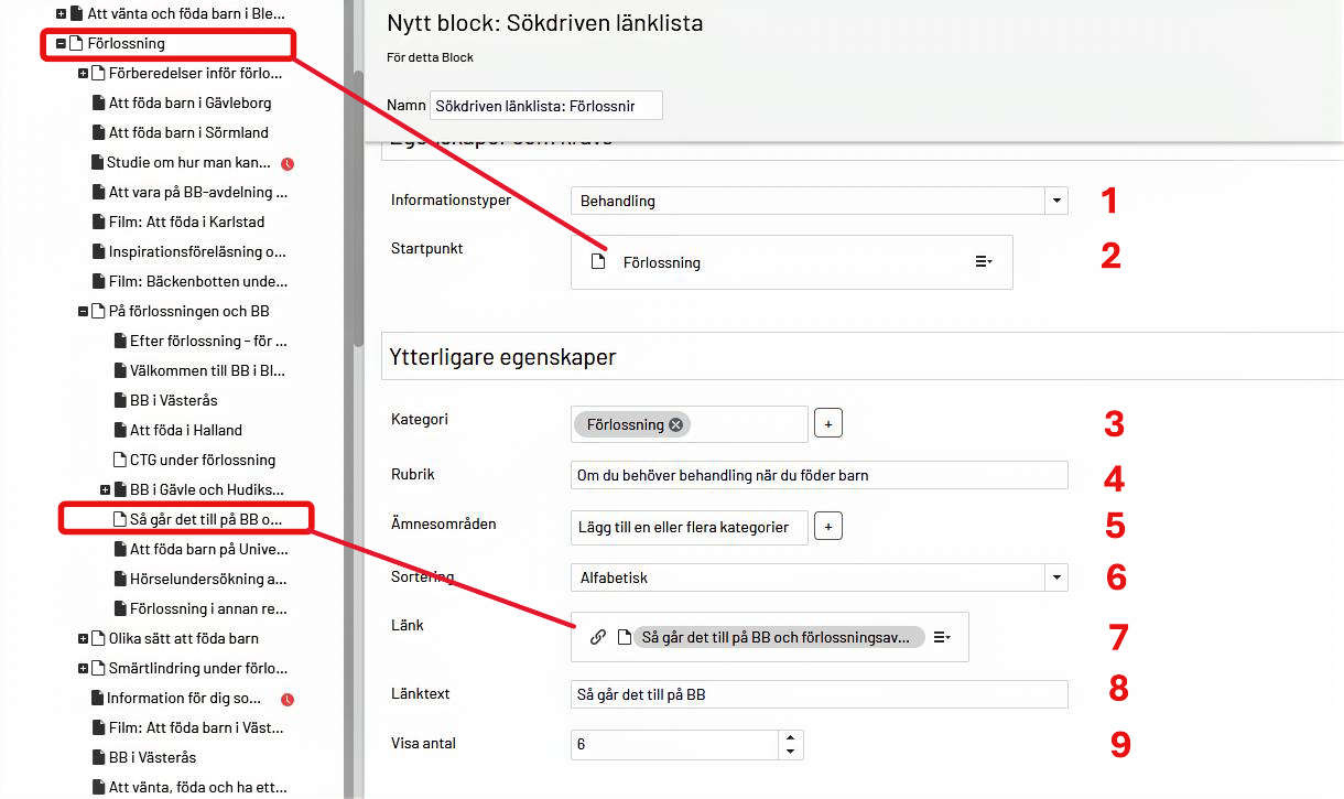 Skärmdump visar hur du fyller i fälten i Optis block för Sökdriven länklista