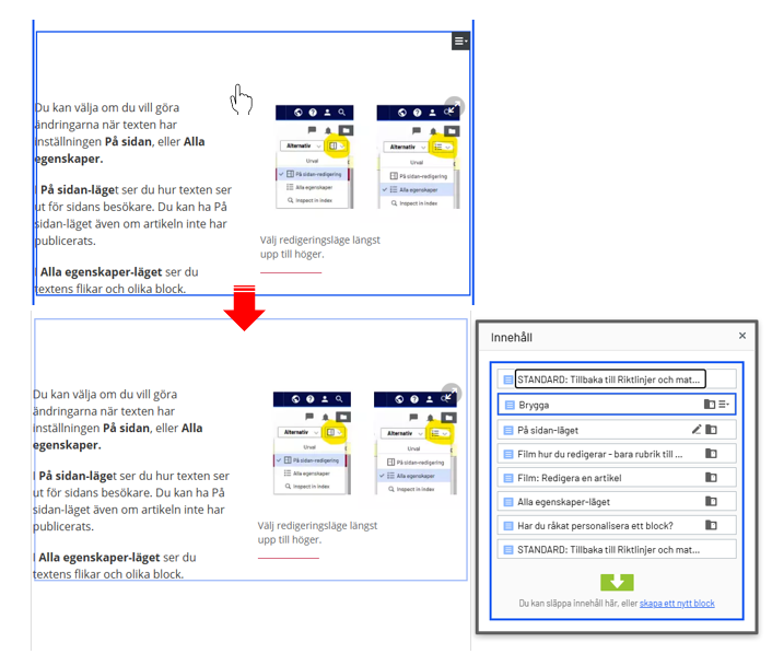 Skärmdump av hur man redigerar i ett kapitelblock