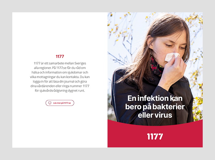 Baksida med avsändarinformation och framsida med text på bild. 