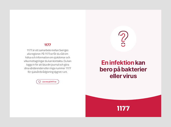 Baksida med avsändartext och framsida med rubrik. Textbaserad. 
