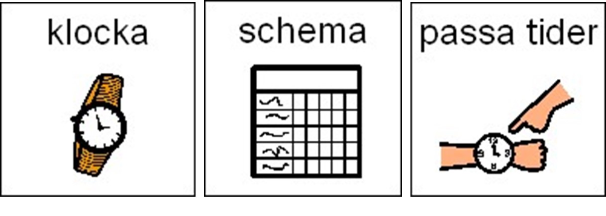 Illustrationer för orden klocka, schema och passa tider.