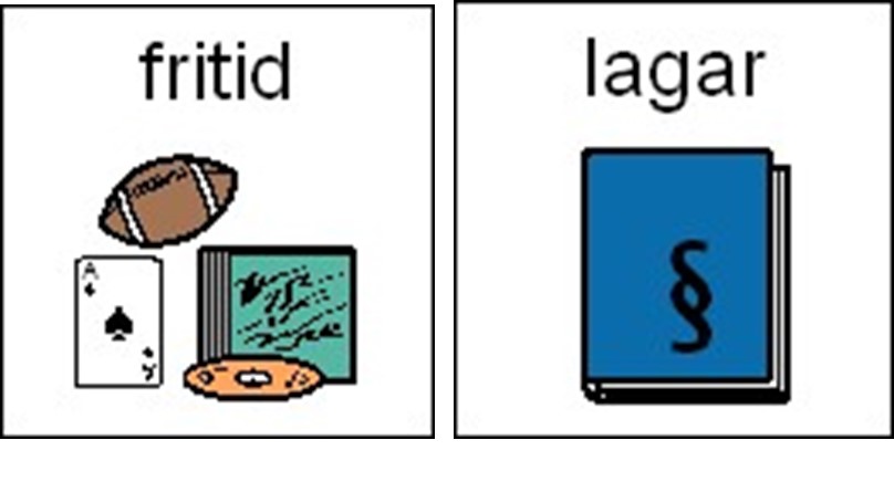 Illustrationer för orden fritid och lagar.