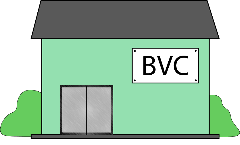 Ritad bild på hus med texten BVC