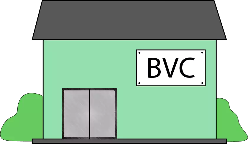 Ritad bild på hus med texten BVC