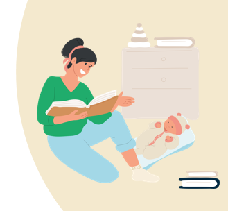 Illustration av en vuxen som läser för det lilla barnet. 