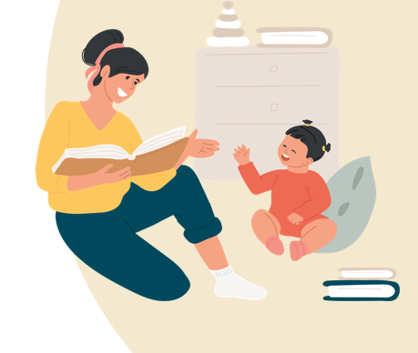 Illustration över en vuxen som läser för det lilla barnet, som lyssnar. 