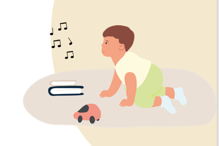 Illustration över barnet som kryper och jollrar. 