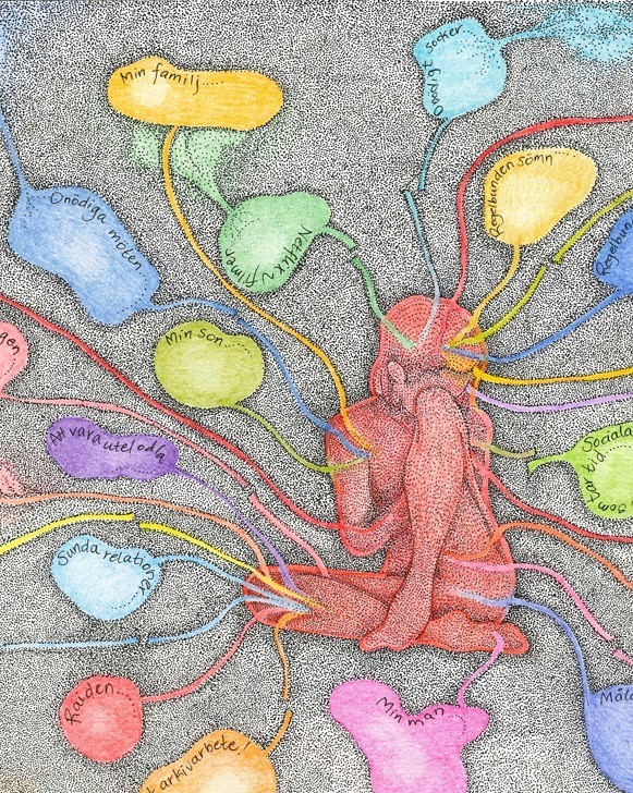 Tecknad illustration av en person som sitter ner omringad av tankebubblor i olika färger, varje tankebubla innehåller ett ord på en tanke 