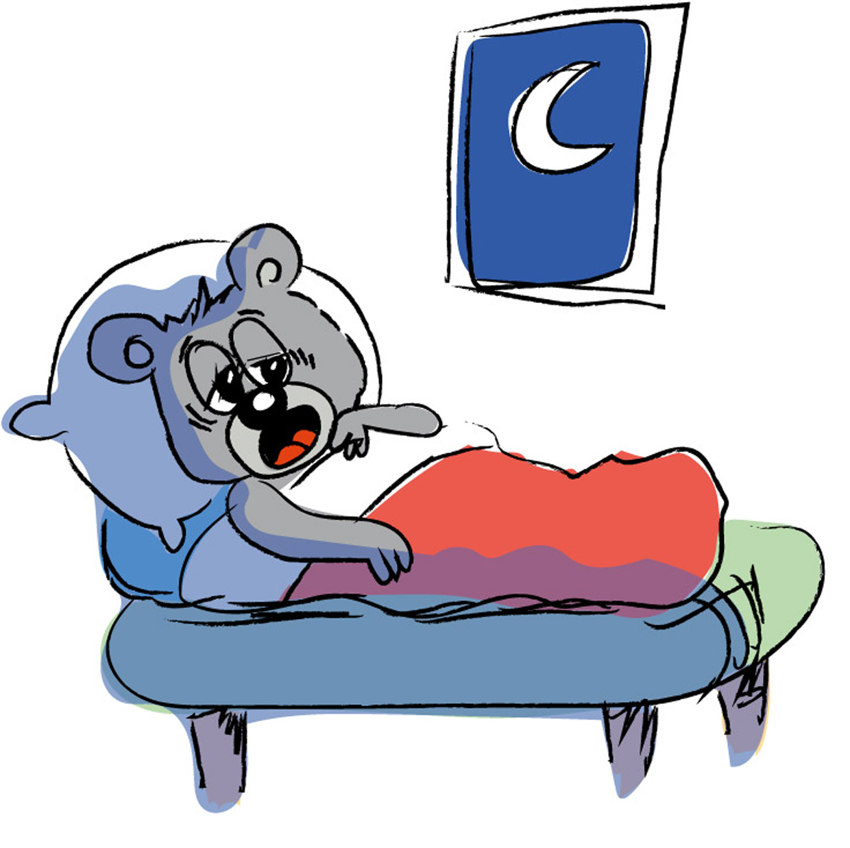 Maskoten Tryggve gäspar stort och ligger i sängen för att sova. Illustration.