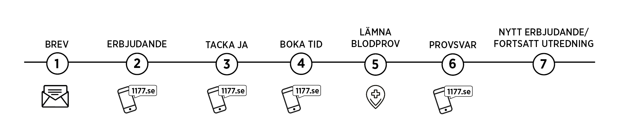 Bilden visar de olika stegen i erbjudandet – från brev till provsvar efter blodprov. 