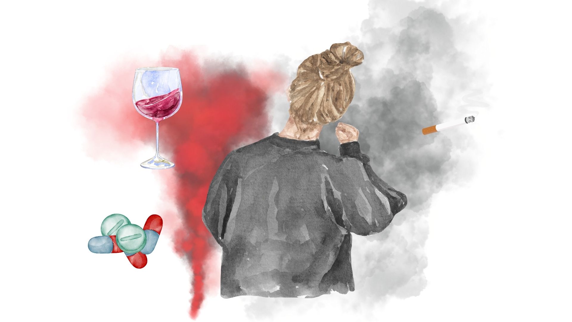 Person mot röd och svart bakgrund med tabletter, ett vinglas och en cigarett runt sig.