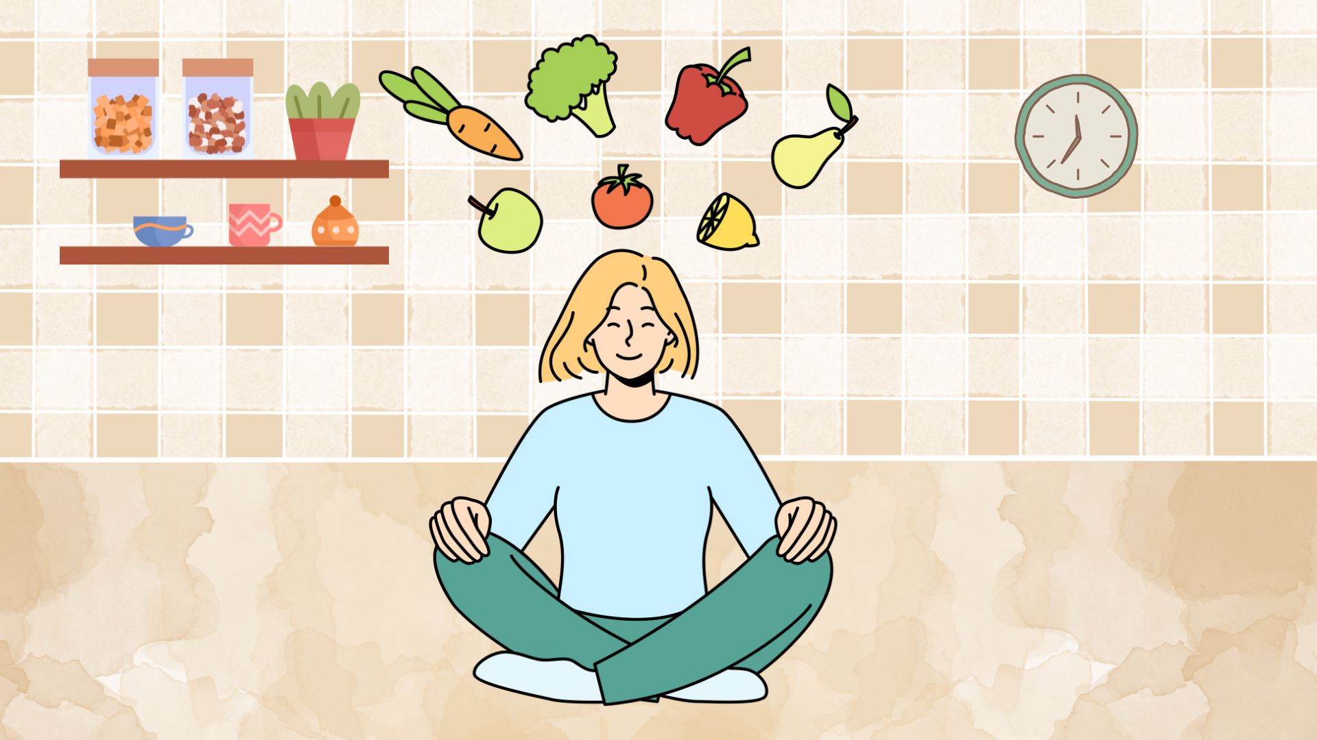 En leende person sitter med benen i kors på golvet med frukt, grönsaker, livsmedel och en klocka runt sig.