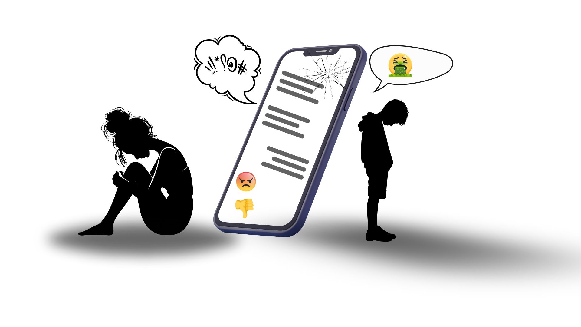 Mellan två ledsna personer finns en mobilskärm som visar arga kommentarer.