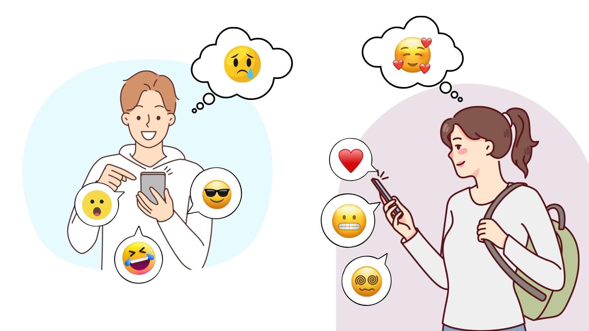 Två personer tittar på sina mobilskärmar. Den ena ser positiva emojis och den andra negativa emojis.