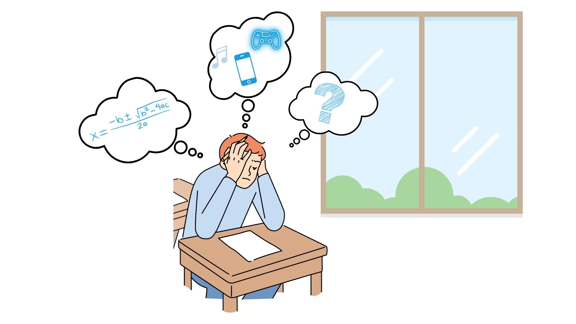 En person sitter vid en skolbänk och har tre tankebubblor runt sig. En visar ett svårt mattetal, en visar ett frågetecken och en visar symboler för musik, datorspel och musik.