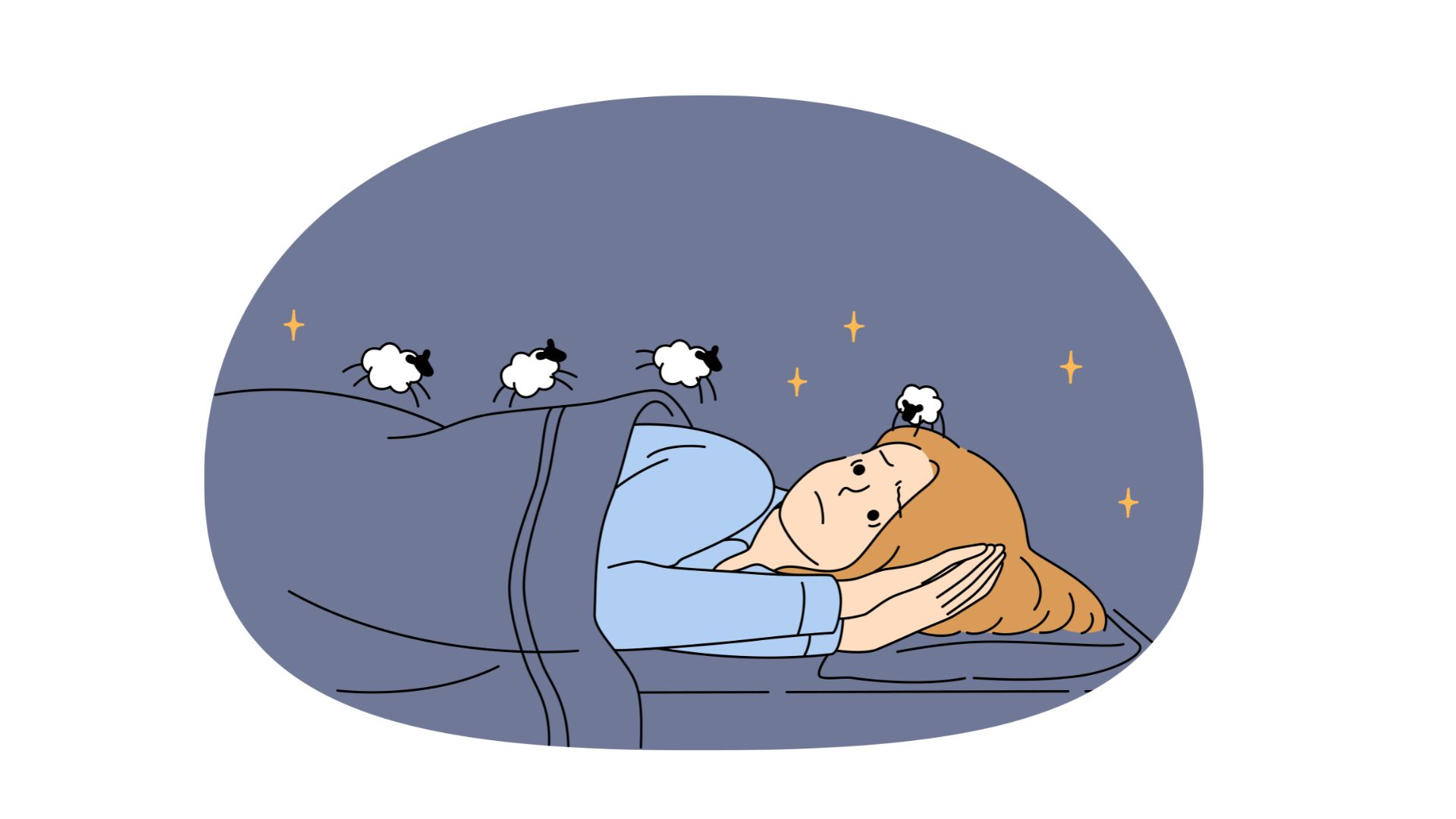 En person ligger ner och försöker sova med hoppande får över sig.