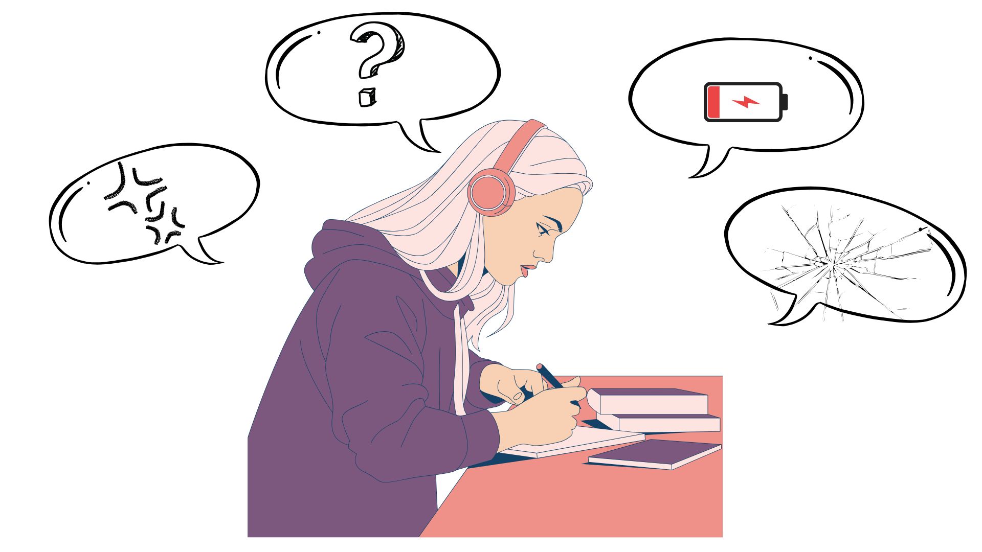 En person sitter vid ett skrivbord och skriver. Personen har pratbubblor runt sig som visar ett uttömt batteri, krossat klas och ett frågetecken.