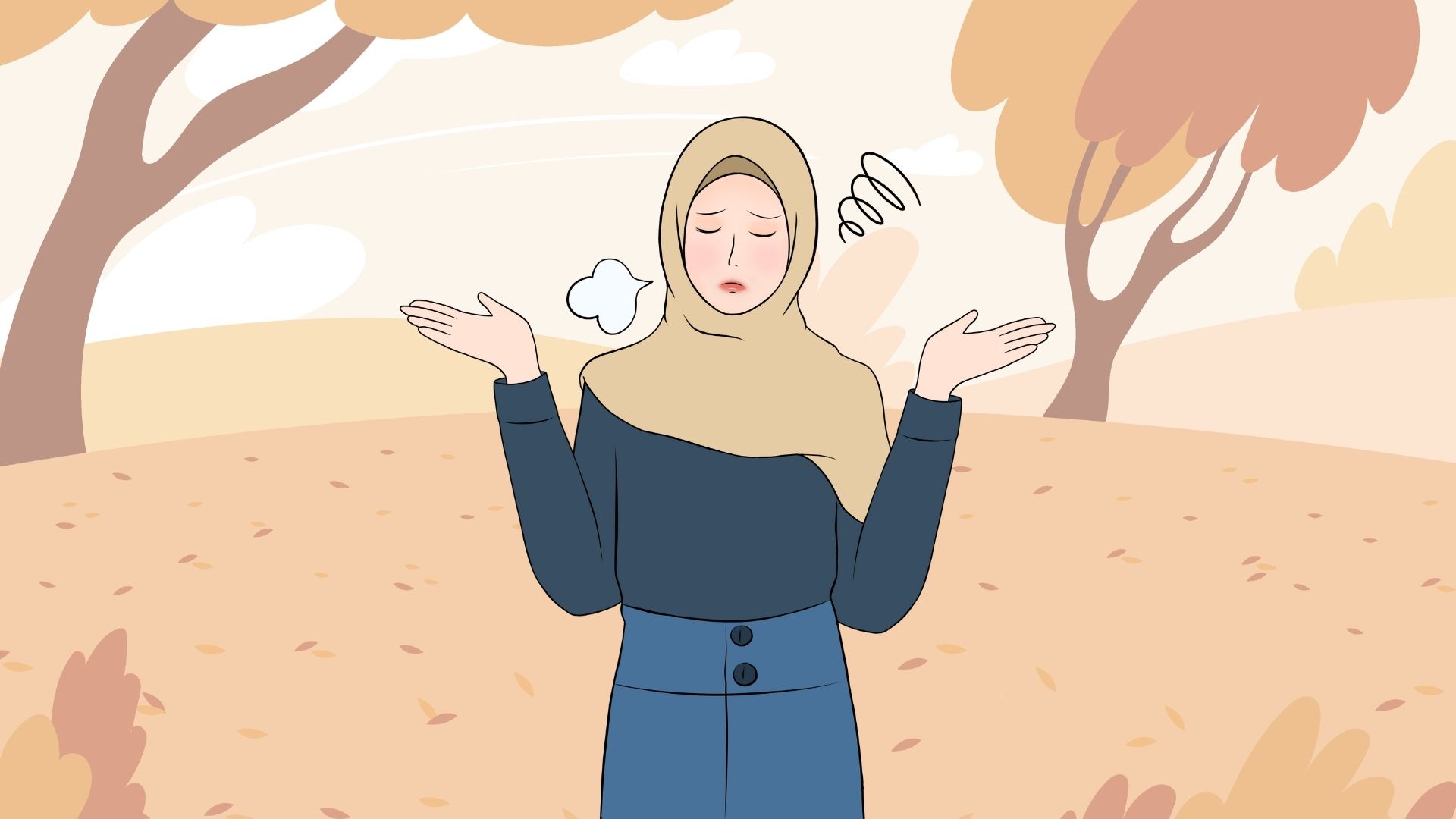 En person blundar och håller upp sina handflator i höstmiljö.