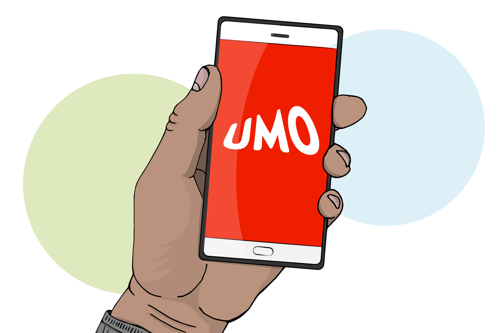 Illustration: hand som håller i mobiltelefon. Mobilen visar webbplatsen umo.se