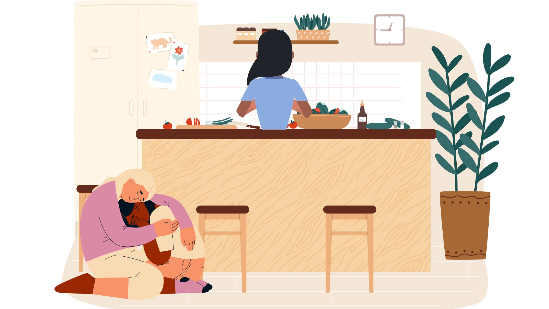 Två yngre personer sitter och håller om varandra, medan en vuxen står med ryggen mot dem i ett kök.